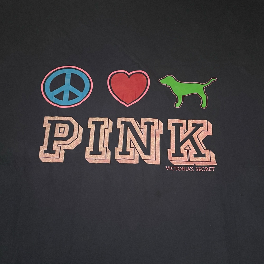 PINK Victoria's Secret Black Throw Blanket with Peace, Heart, and Dog Design
